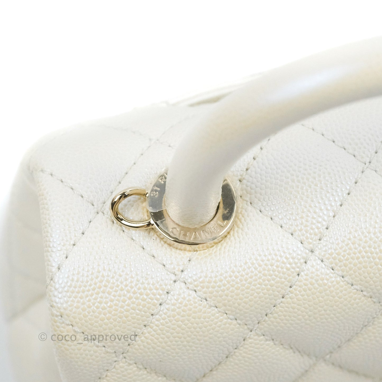 Chanel Mini Coco Handle Quilted Iridescent Pearl White Caviar Gold Hardware