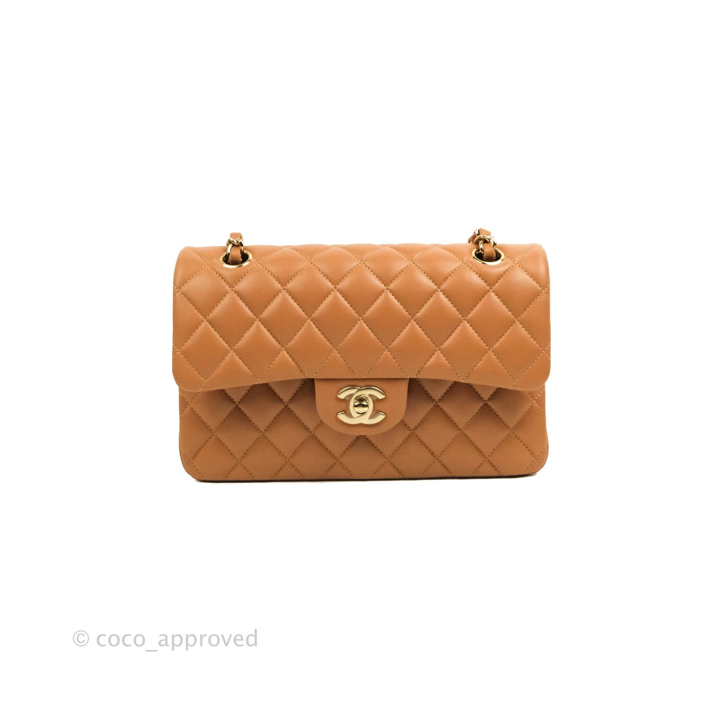 Chanel Small Classic Quilted Flap Dark Beige Caramel Lambskin Gold Hardware