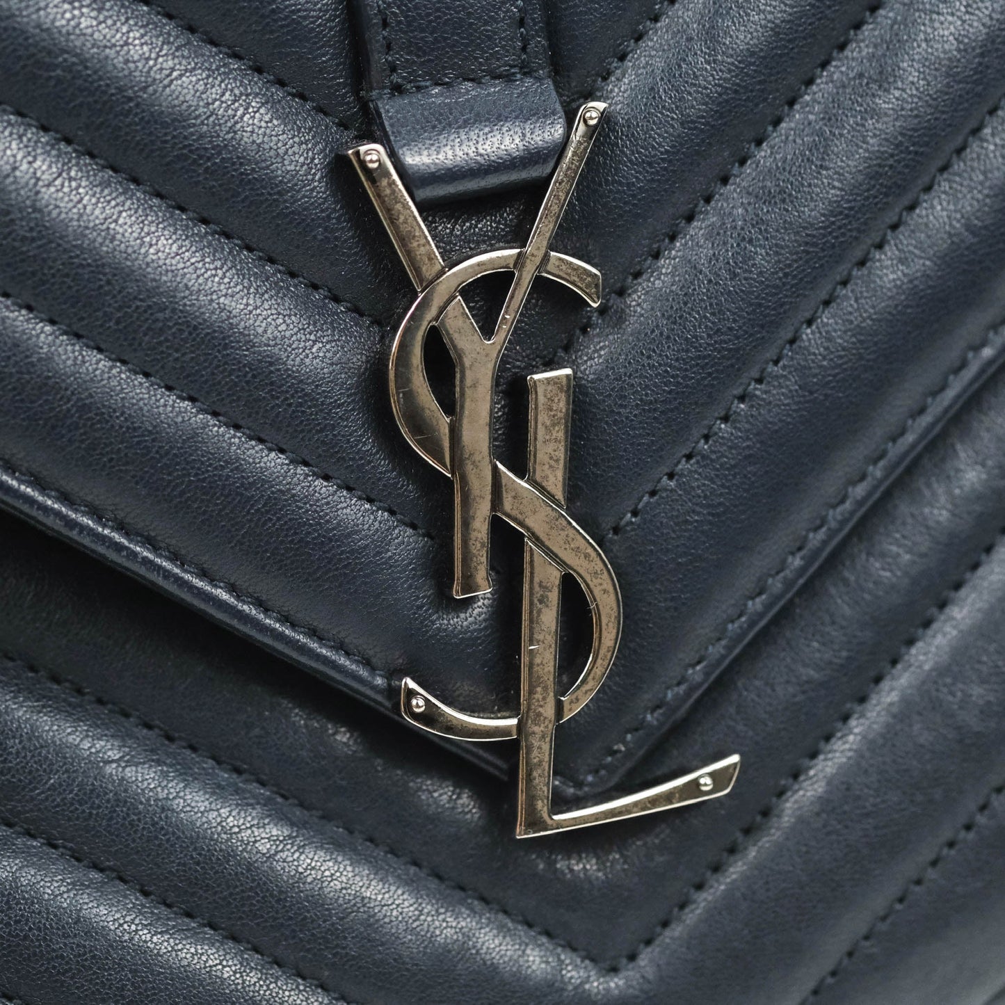 Saint Laurent Chevron Large College Navy Chain Bag Ruthenium Hardware