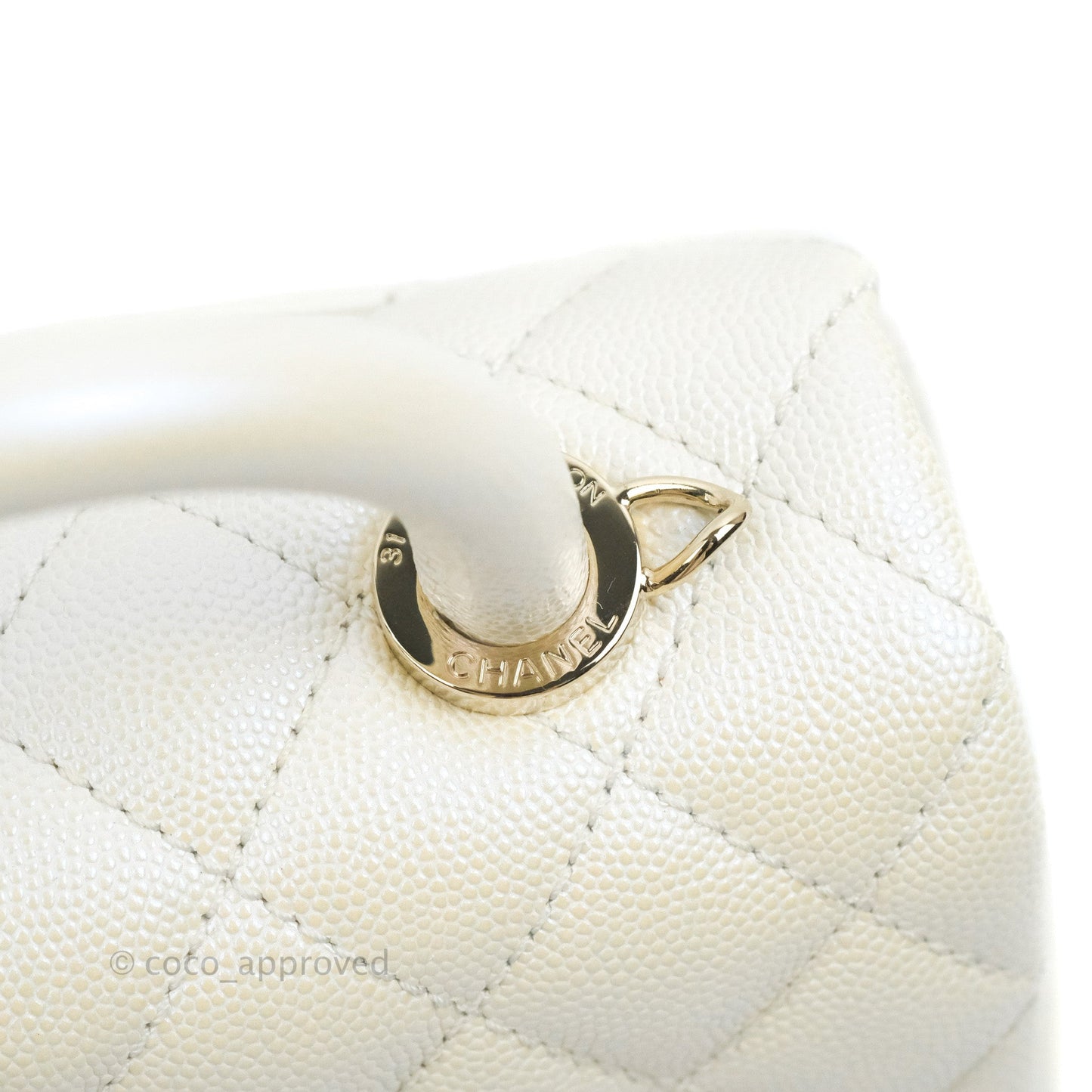 Chanel Mini Coco Handle Quilted Iridescent Pearl White Caviar Gold Hardware