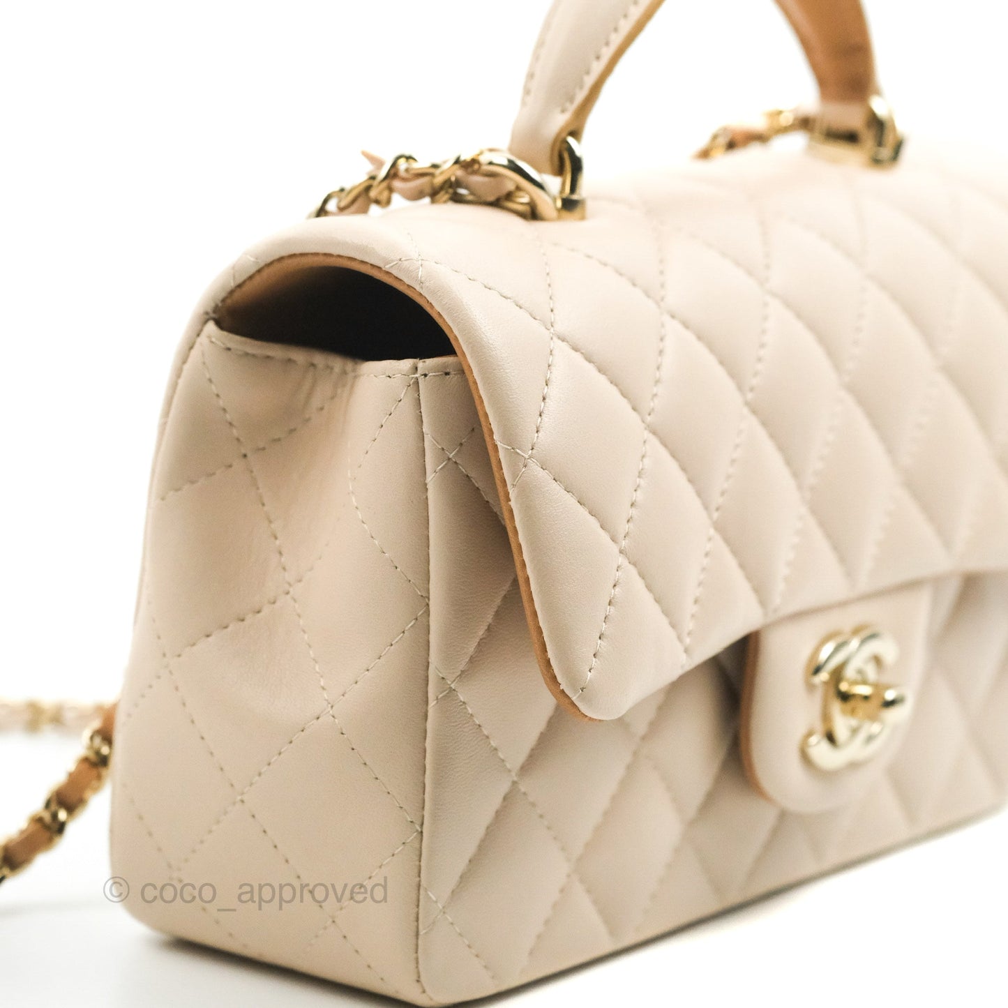 Chanel Top Handle Mini Rectangular Flap Bag Ecru/Beige Lambskin Gold Hardware 23P