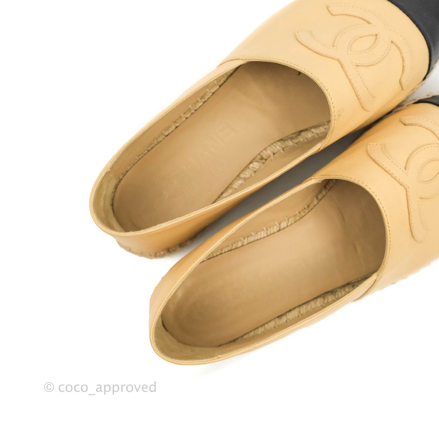 Chanel Espadrille Beige Black Leather Size 37
