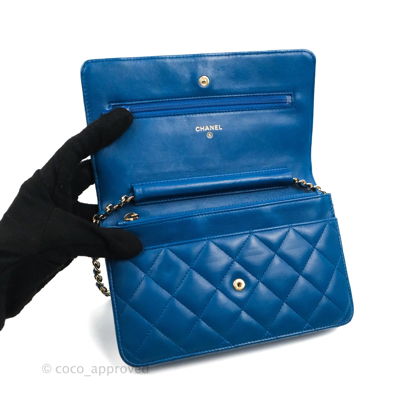 Chanel Quilted Classic Wallet on Chain WOC Blue Lambskin Gold Hardware