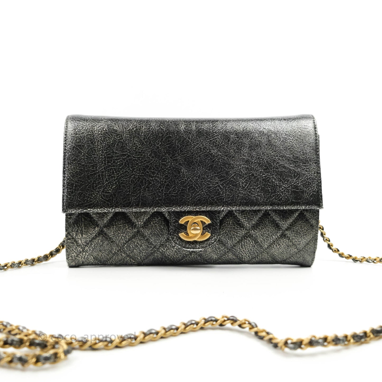 Chanel Cracked Metallic Calfskin Quilted Zip Away Chain Clutch Dark Silver Aged Gold Hardware