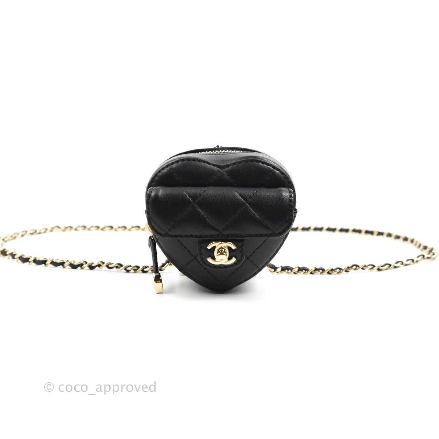 Chanel Small Heart Coin Purse Necklace Black Lambskin Gold Hardware 22S