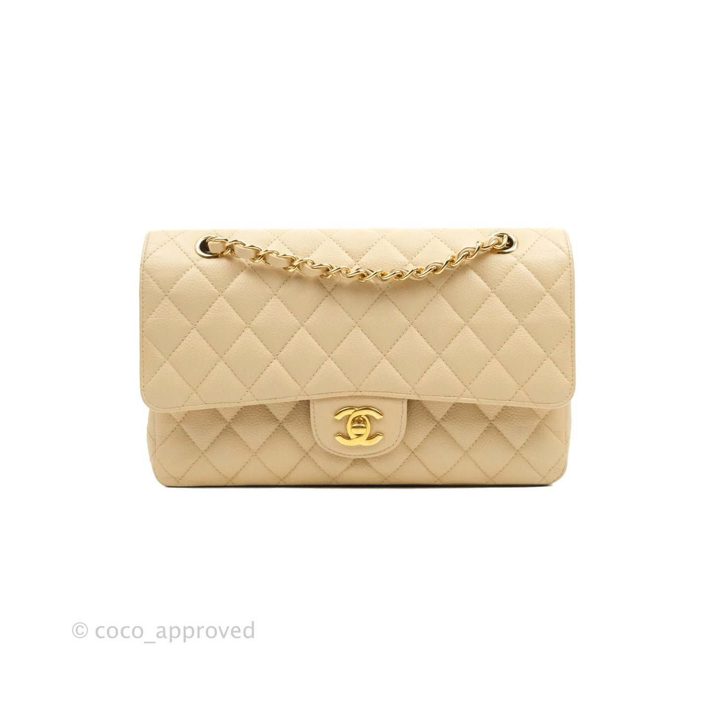 Chanel Classic M/L Medium Double Flap Bag Beige Caviar Gold Hardware