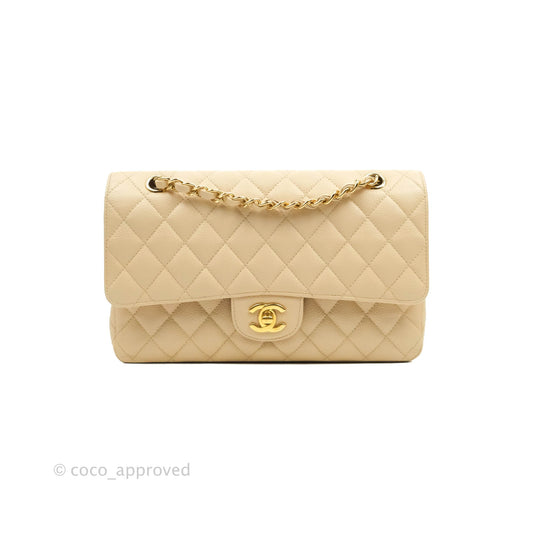 Chanel Classic M/L Medium Double Flap Bag Beige Caviar Gold Hardware