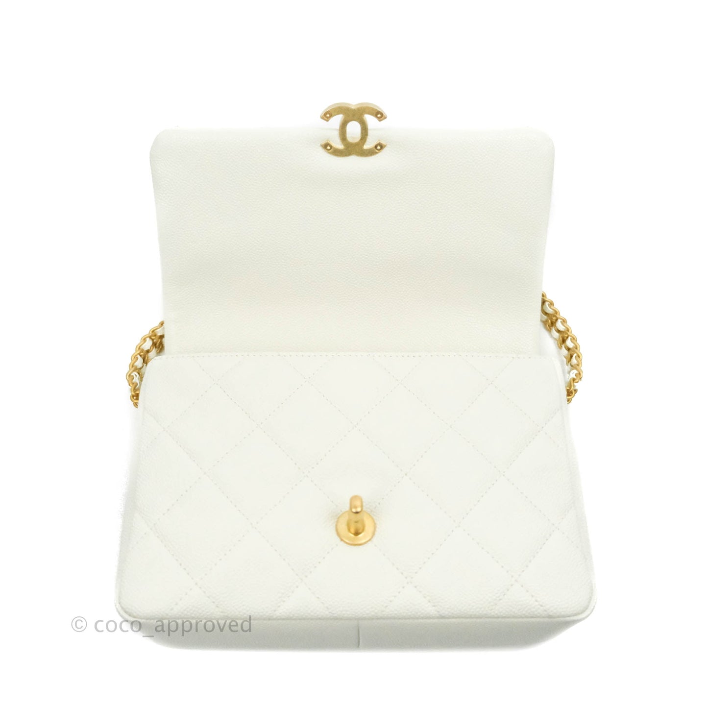 Chanel Small Quilted Melody Flap White Caviar Aged Gold Hardware 22P