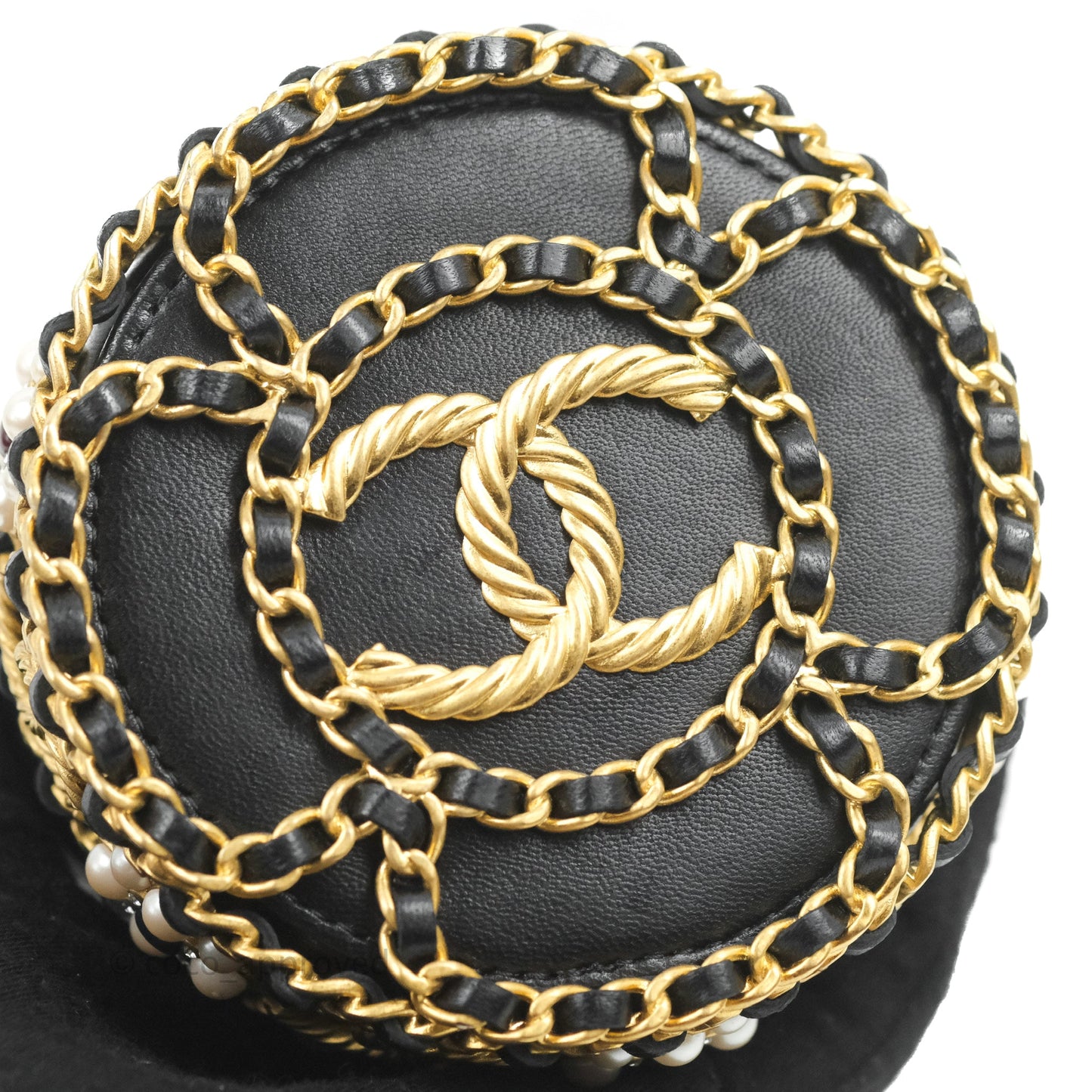 Chanel Quilted Drawstring Pearl Flower Bucket Bag Black Lambskin Aged Gold Hardware
