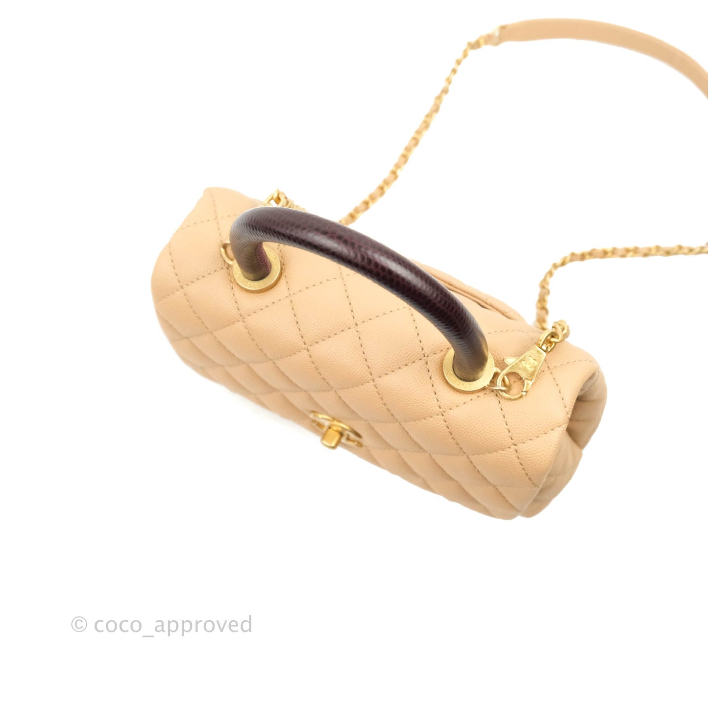 Chanel Small Coco Handle Quilted Beige Caviar Gold Hardware Lizard Handle