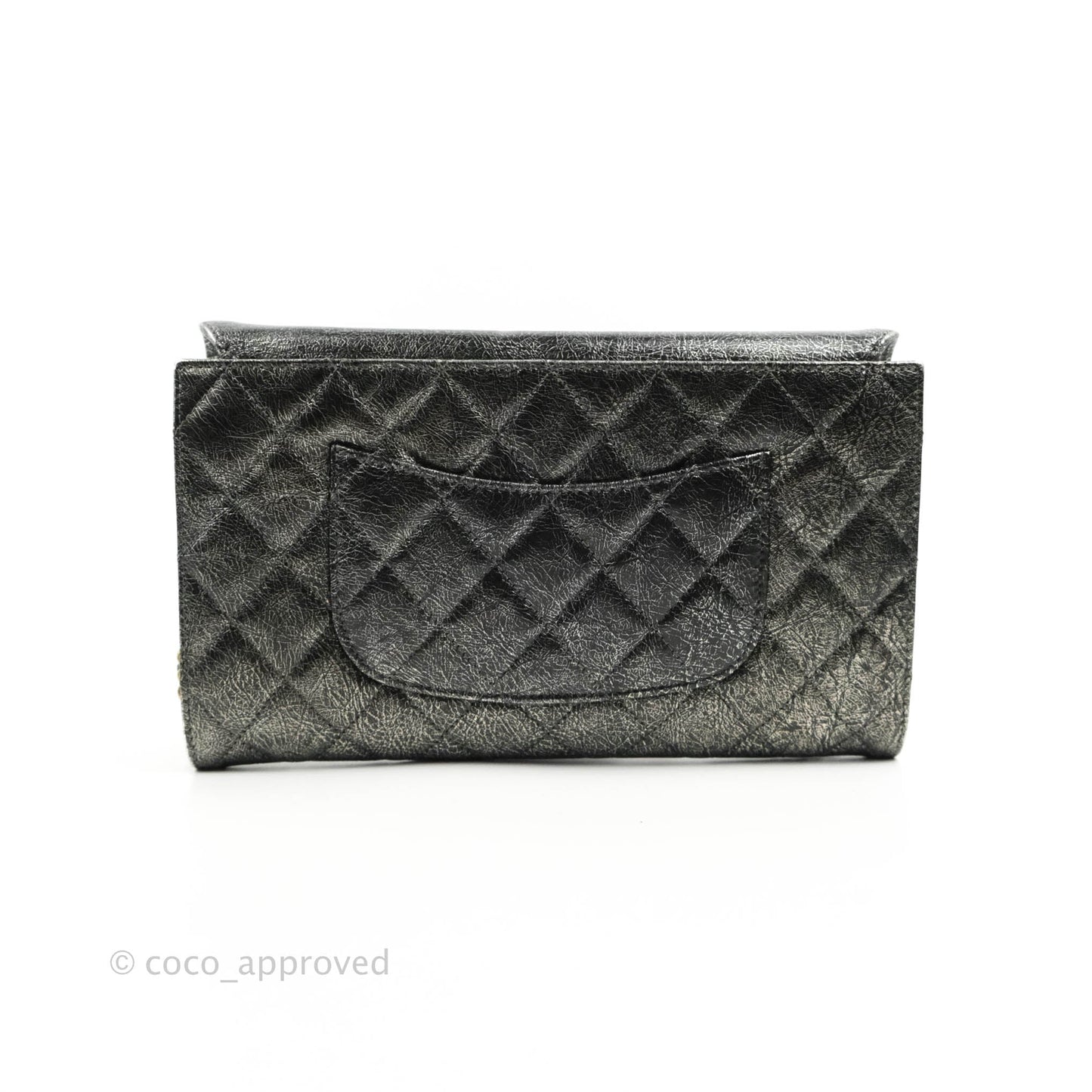 Chanel Cracked Metallic Calfskin Quilted Zip Away Chain Clutch Dark Silver Aged Gold Hardware