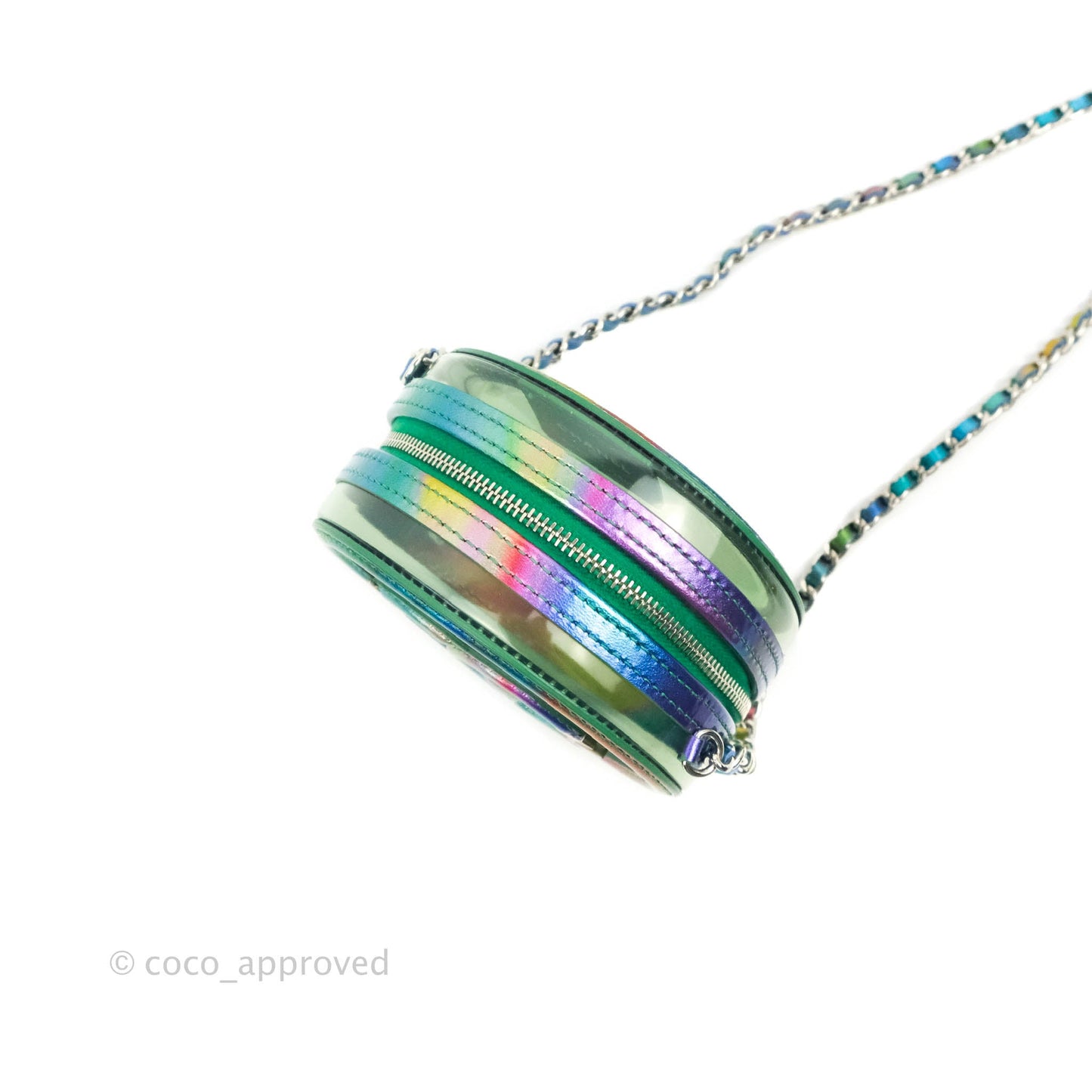 Chanel Filigree Rainbow Green PVC Round Clutch With Chain Silver Hardware 20C