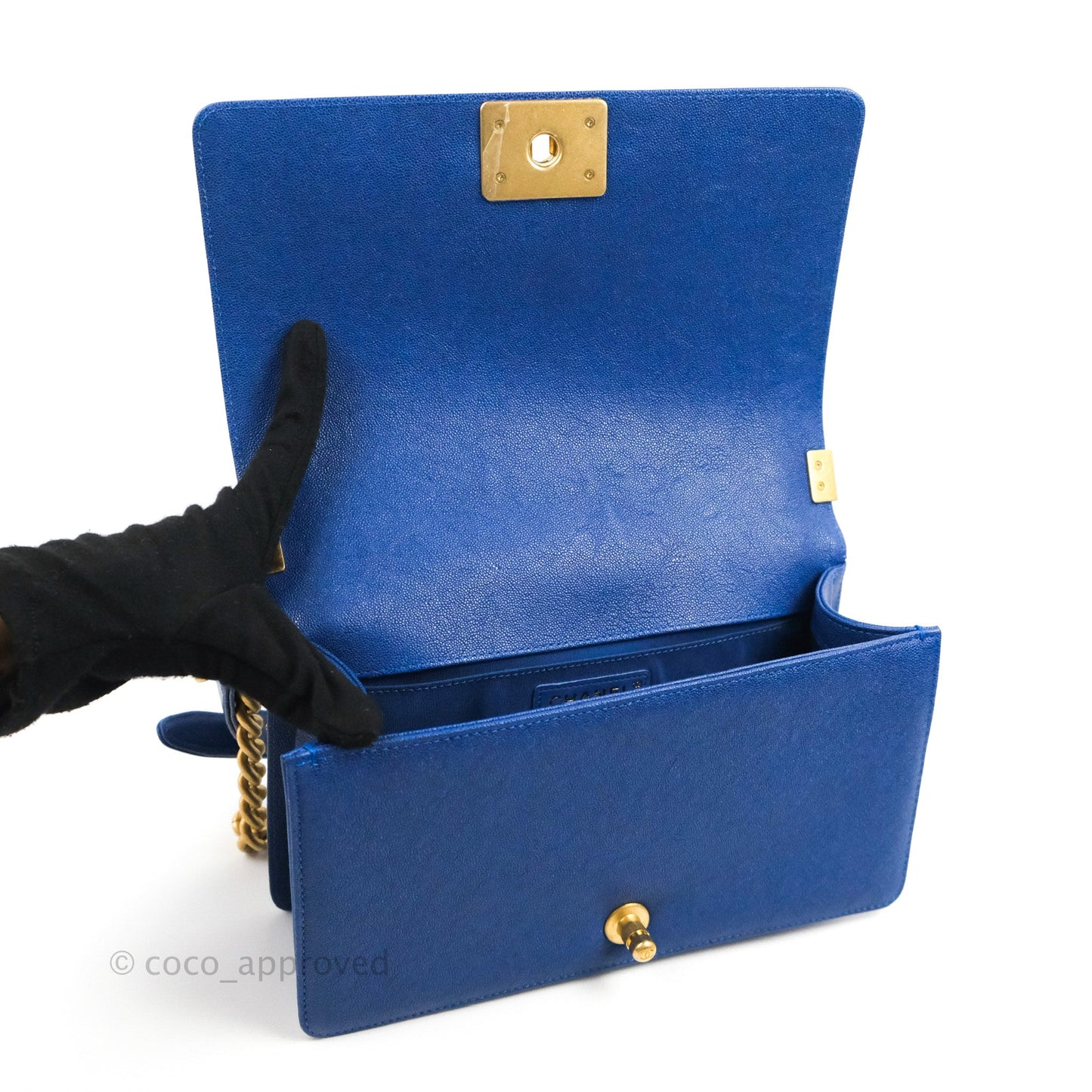 Chanel Quilted Medium Boy Blue Caviar Aged Gold Hardware