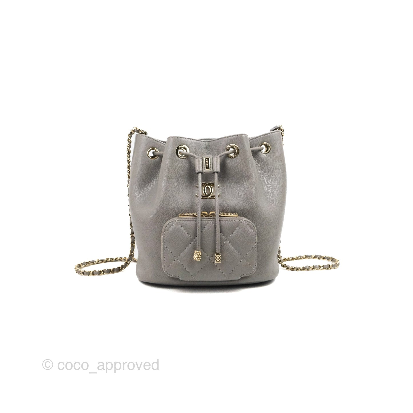 Chanel Business Affinity Drawstring Bucket Bag Grey Caviar Gold Hardware
