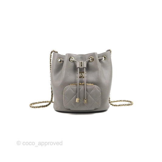 Chanel Business Affinity Drawstring Bucket Bag Grey Caviar Gold Hardware