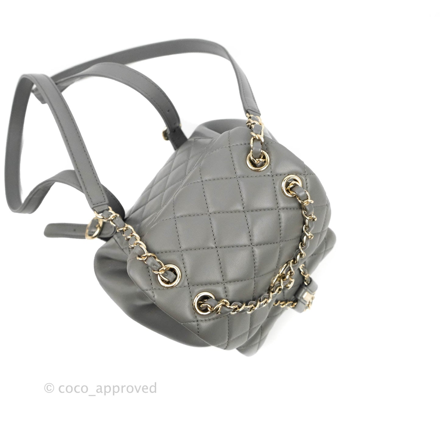 Chanel Quilted Small Duma Drawstring Backpack Grey Lambskin Gold Hardware 22A