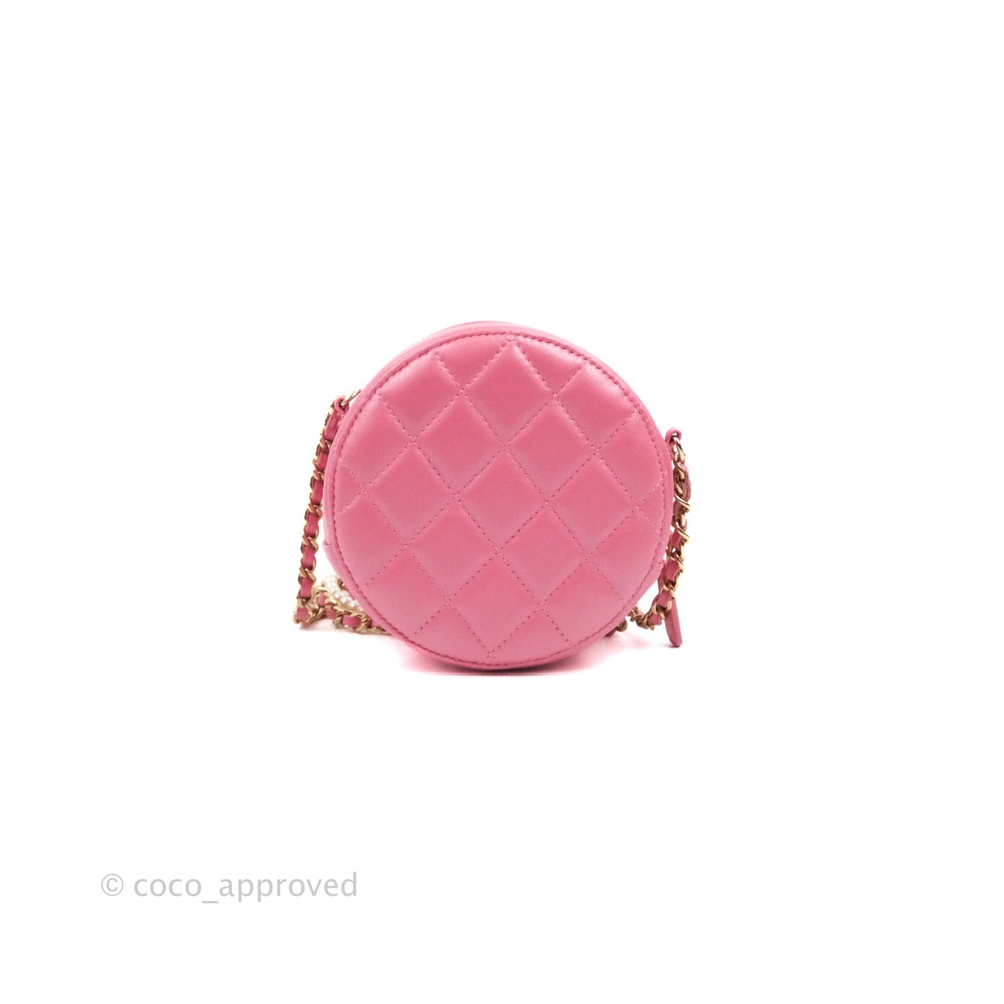 Chanel Quilted Round Clutch With Pearl Chain Iridescent Pink Lambskin Gold Hardware