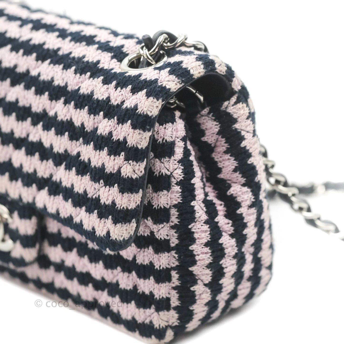 Chanel Mini Rectangular Flap Bag Navy Pink Striped Tweed Silver Hardware