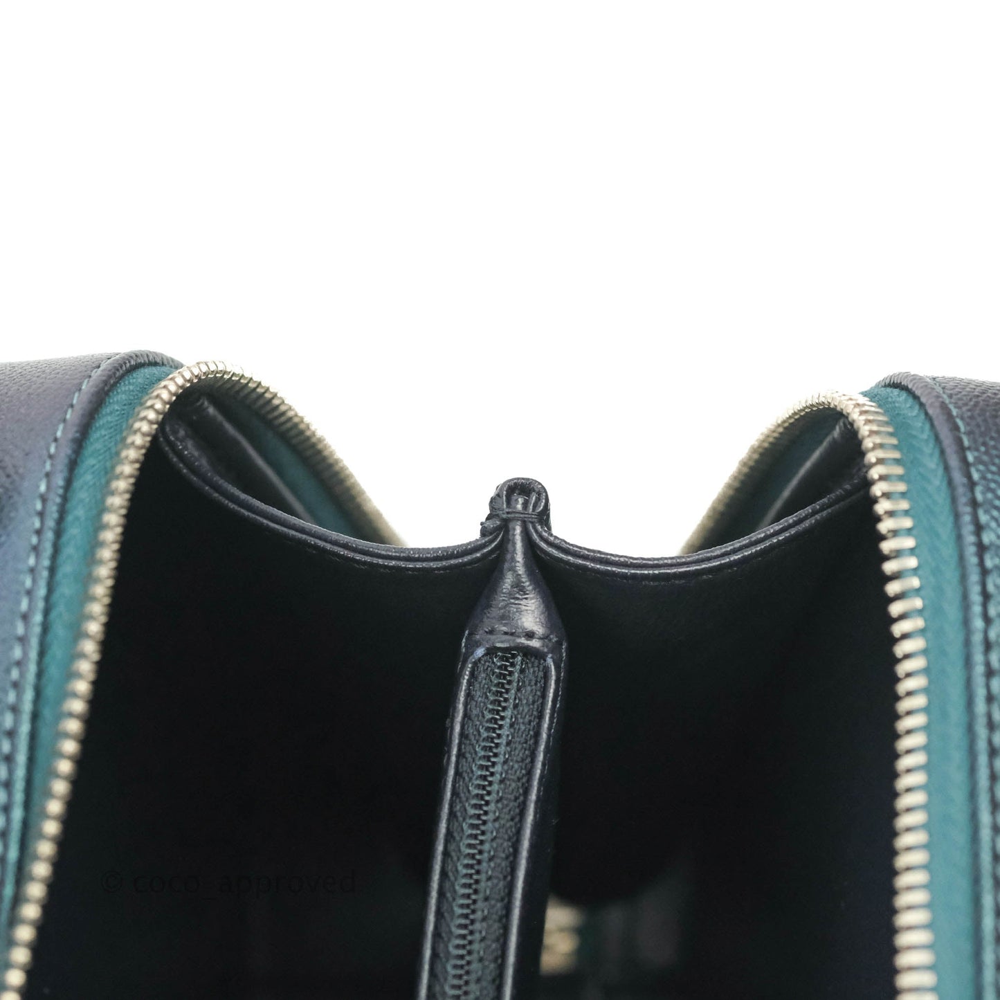Chanel Quilted Medium CC Filigree Vanity Case Iridescent Dark Turquoise Caviar Rainbow Hardware