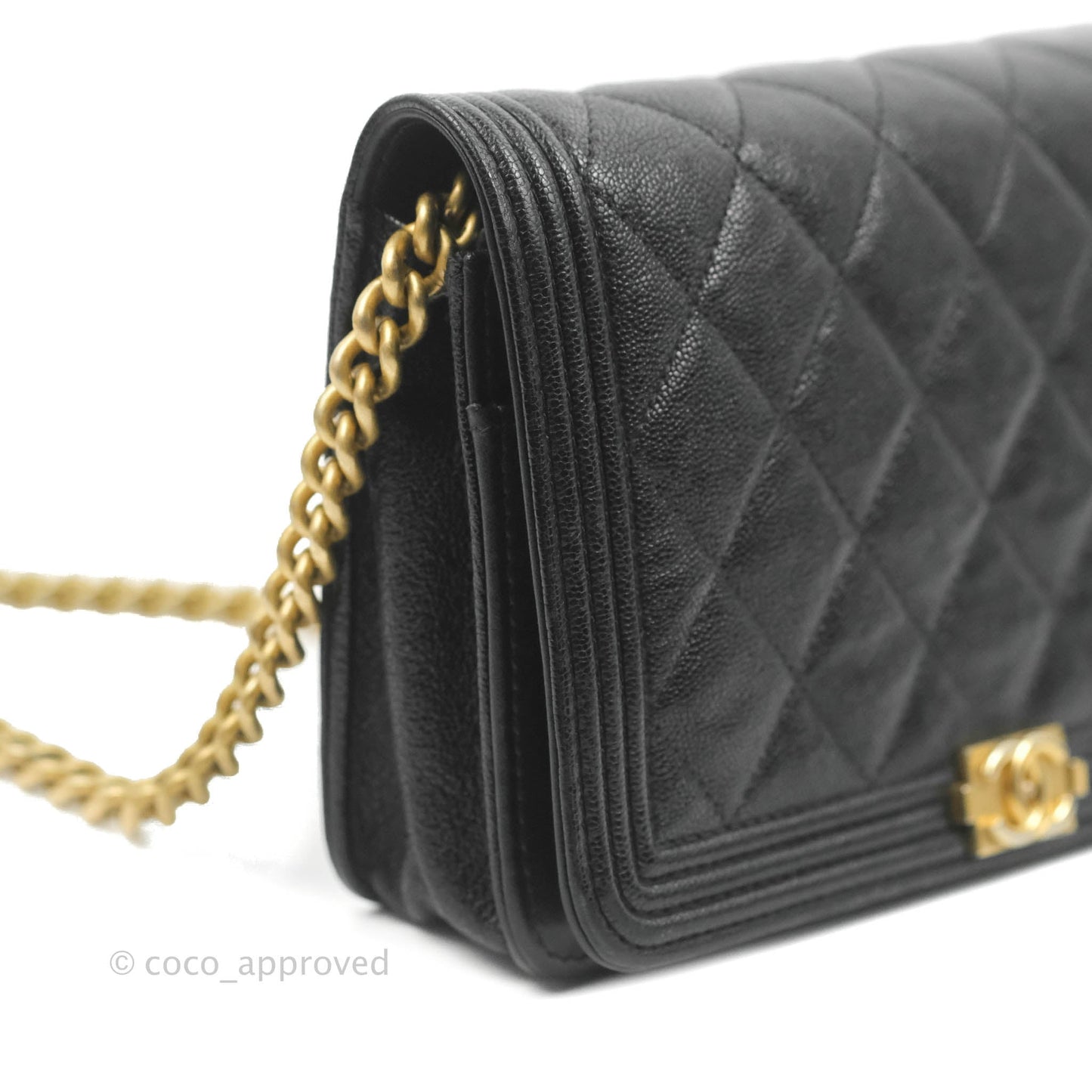 Chanel Quilted Boy Wallet on Chain WOC Black Caviar Aged Gold Hardware