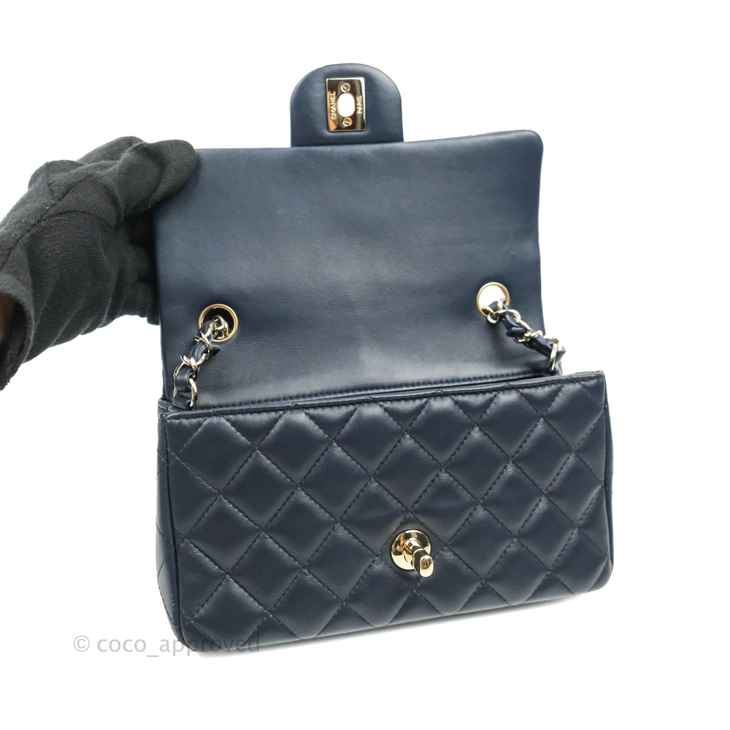 Chanel Quilted Mini Rectangular Flap Navy Lambskin Gold Hardware