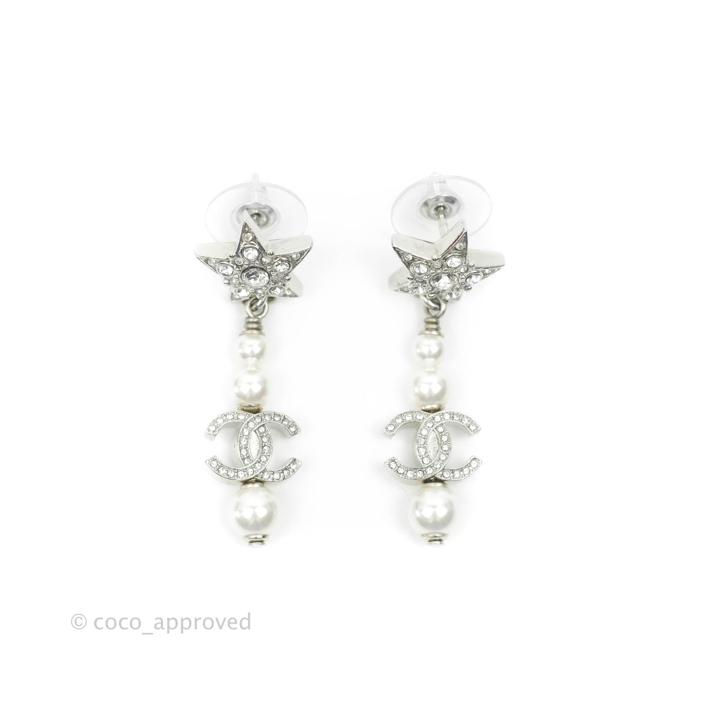 Chanel Crystal Pearl CC Star Drop Earrings Silver 20P