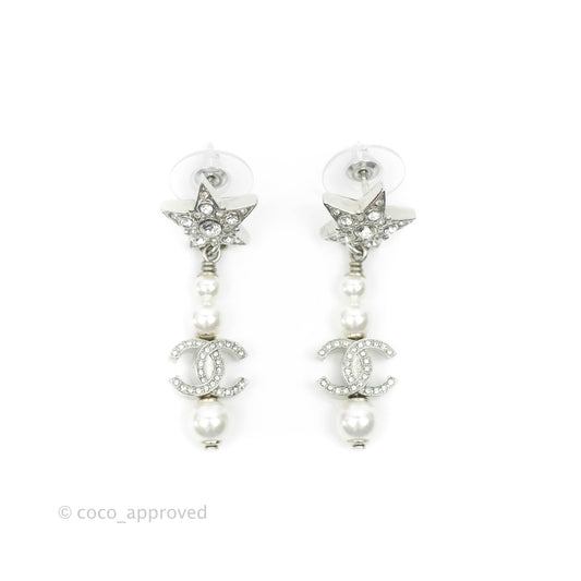 Chanel Crystal Pearl CC Star Drop Earrings Silver 20P