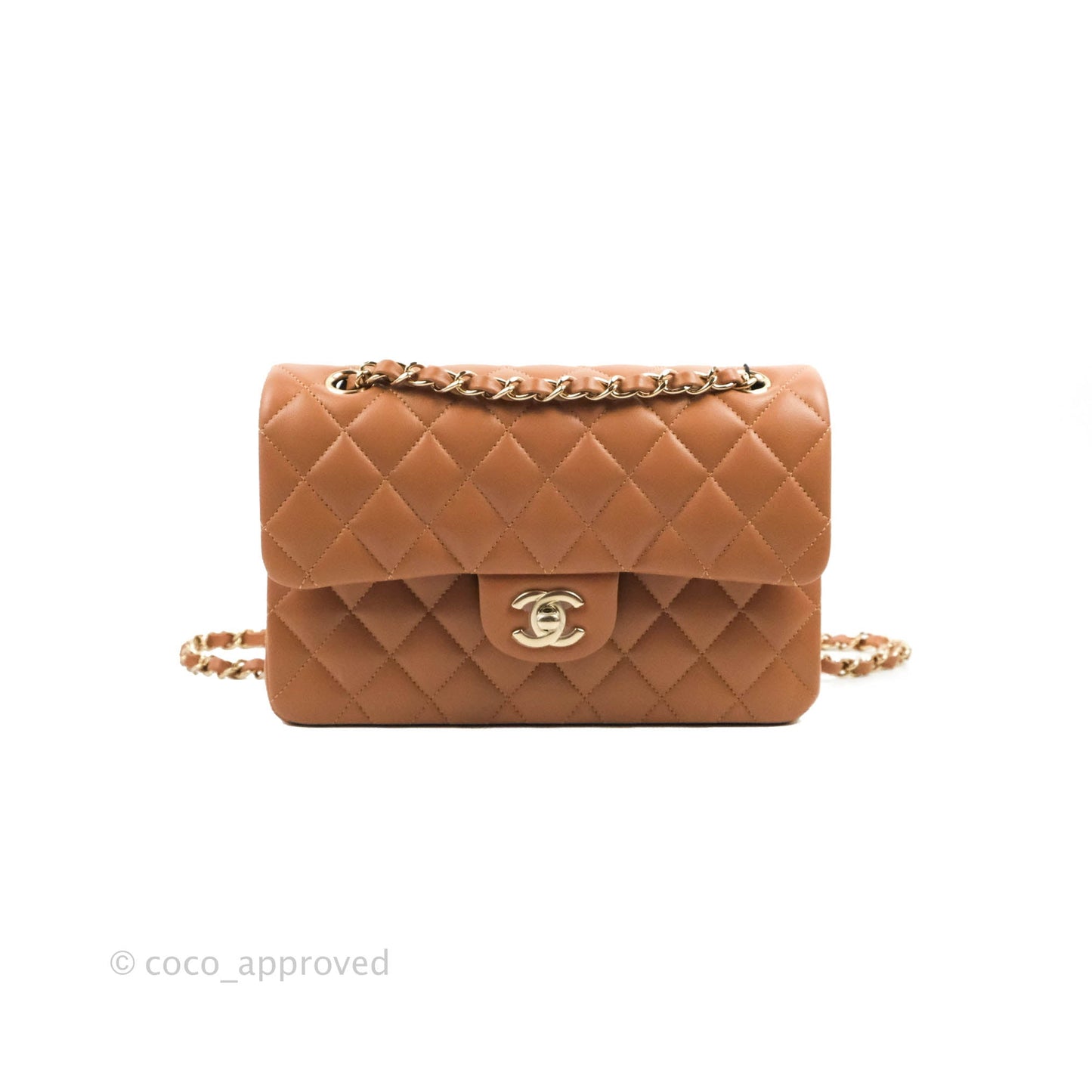 Chanel Small Classic Quilted Flap Dark Beige Caramel Lambskin Gold Hardware 22S