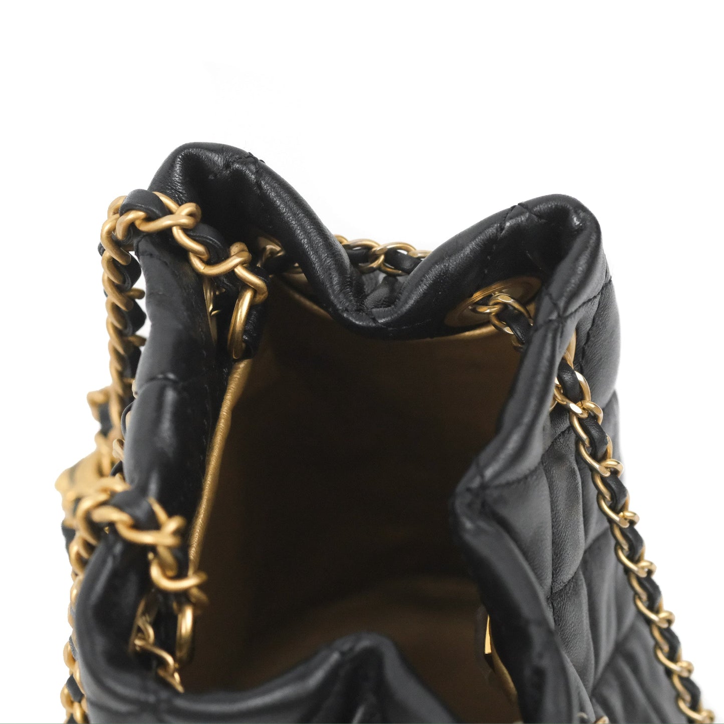 Chanel Pearl Crush Bucket Bag Black Lambskin Aged Gold Hardware 22S