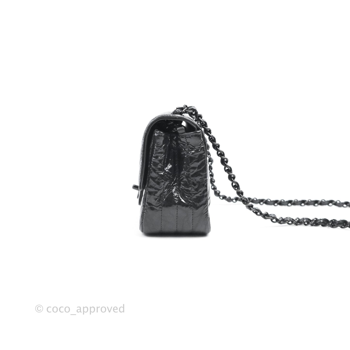 Chanel Mini Square Chevron Flap Black Crumpled Metallic Patent So Black