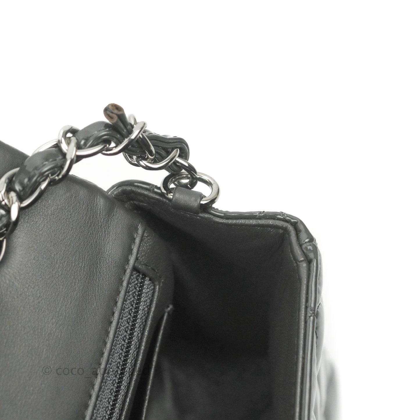 Chanel Quilted Mini Rectangular Dark Grey Patent Silver Hardware