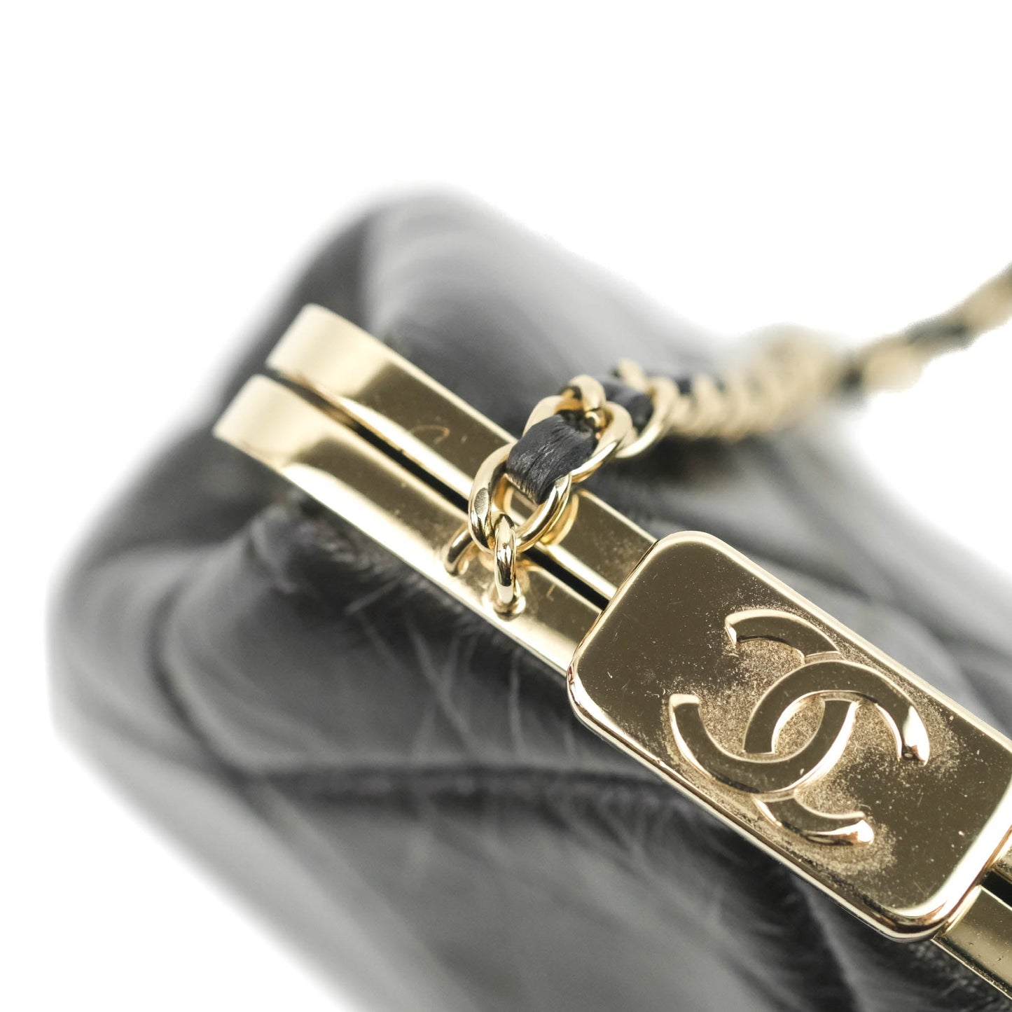 Chanel Kisslock Clutch with Chain Black Shiny Aged Lambskin Gold Hardware