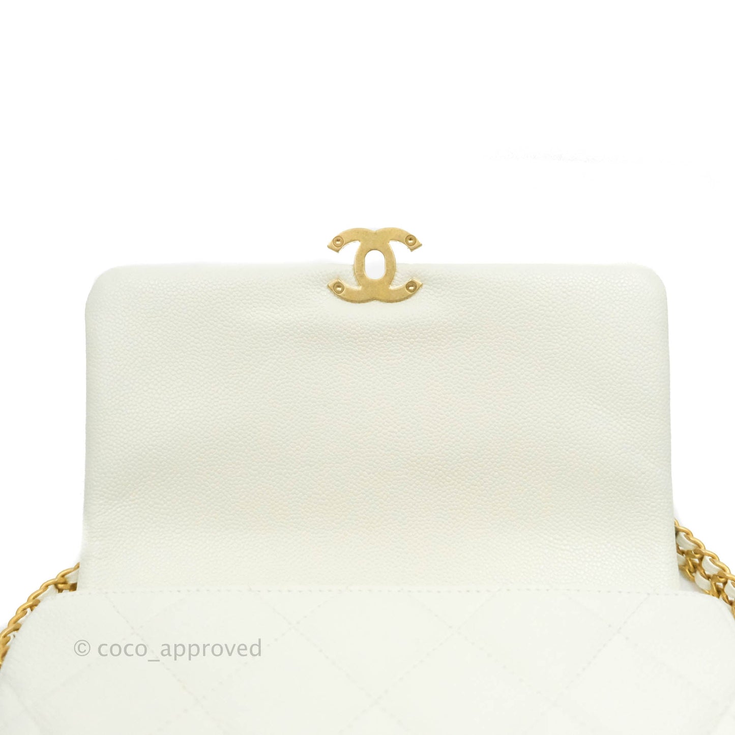 Chanel Small Quilted Melody Flap White Caviar Aged Gold Hardware 22P