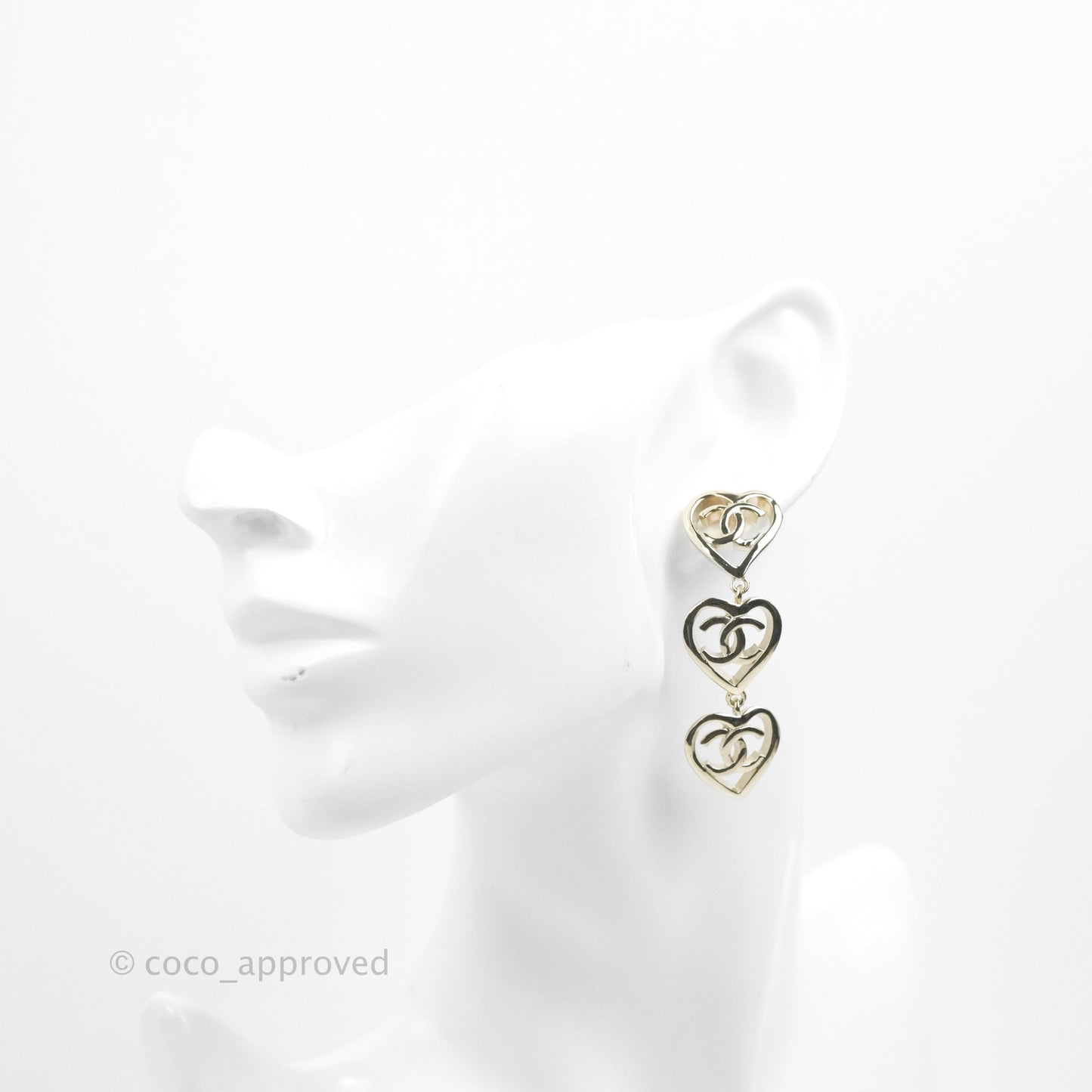 Chanel CC Triple Heart Shape Long Drop Earrings Gold Tone 22P