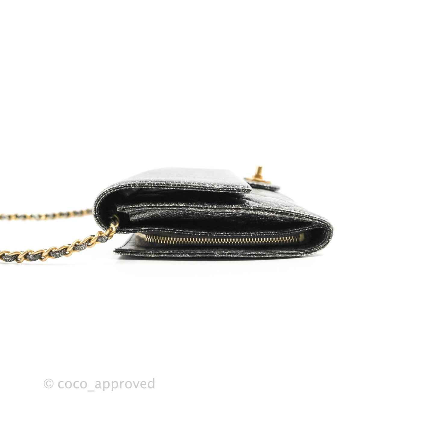 Chanel Cracked Metallic Calfskin Quilted Zip Away Chain Clutch Dark Silver Aged Gold Hardware