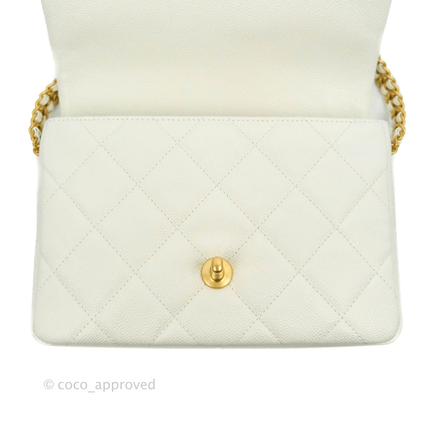 Chanel Small Quilted Melody Flap White Caviar Aged Gold Hardware 22P