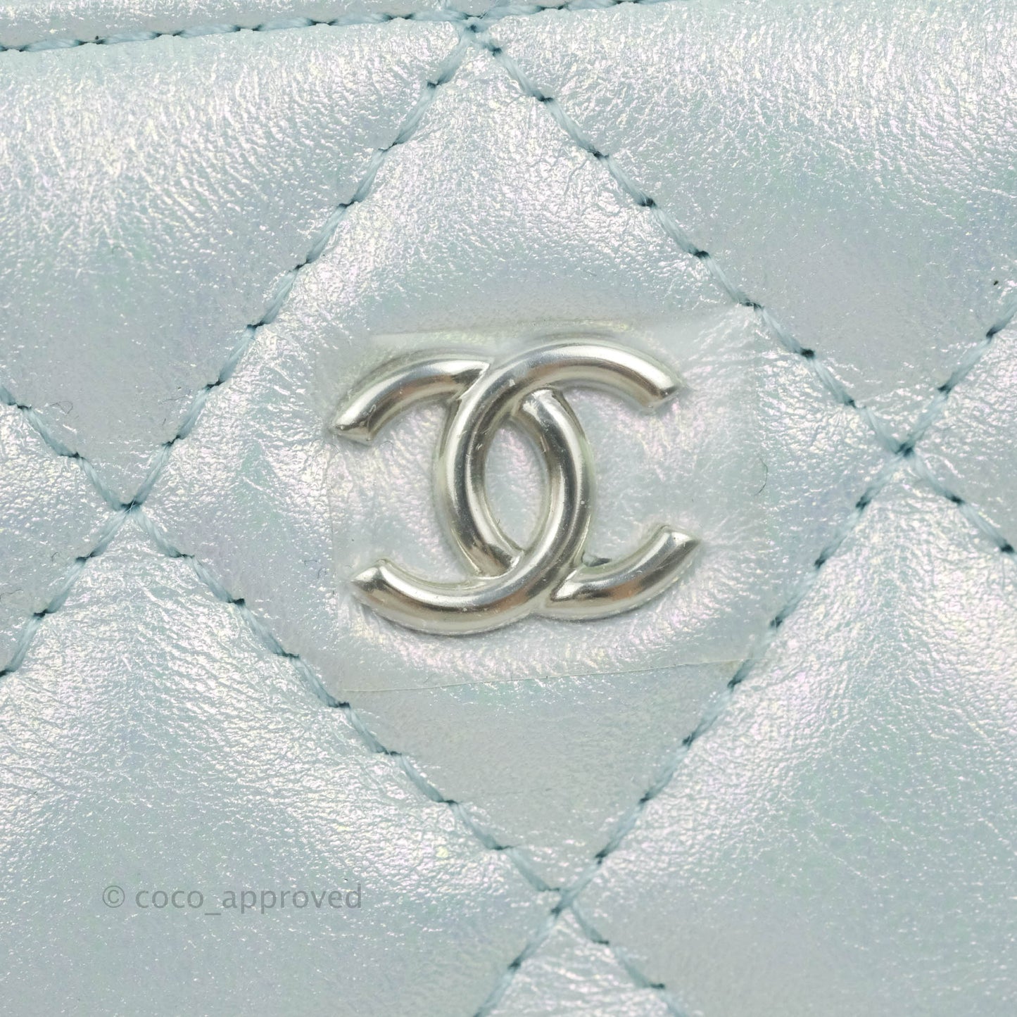 Chanel Mini Quilted O Case Iridescent Light Blue Calfskin Silver Hardware