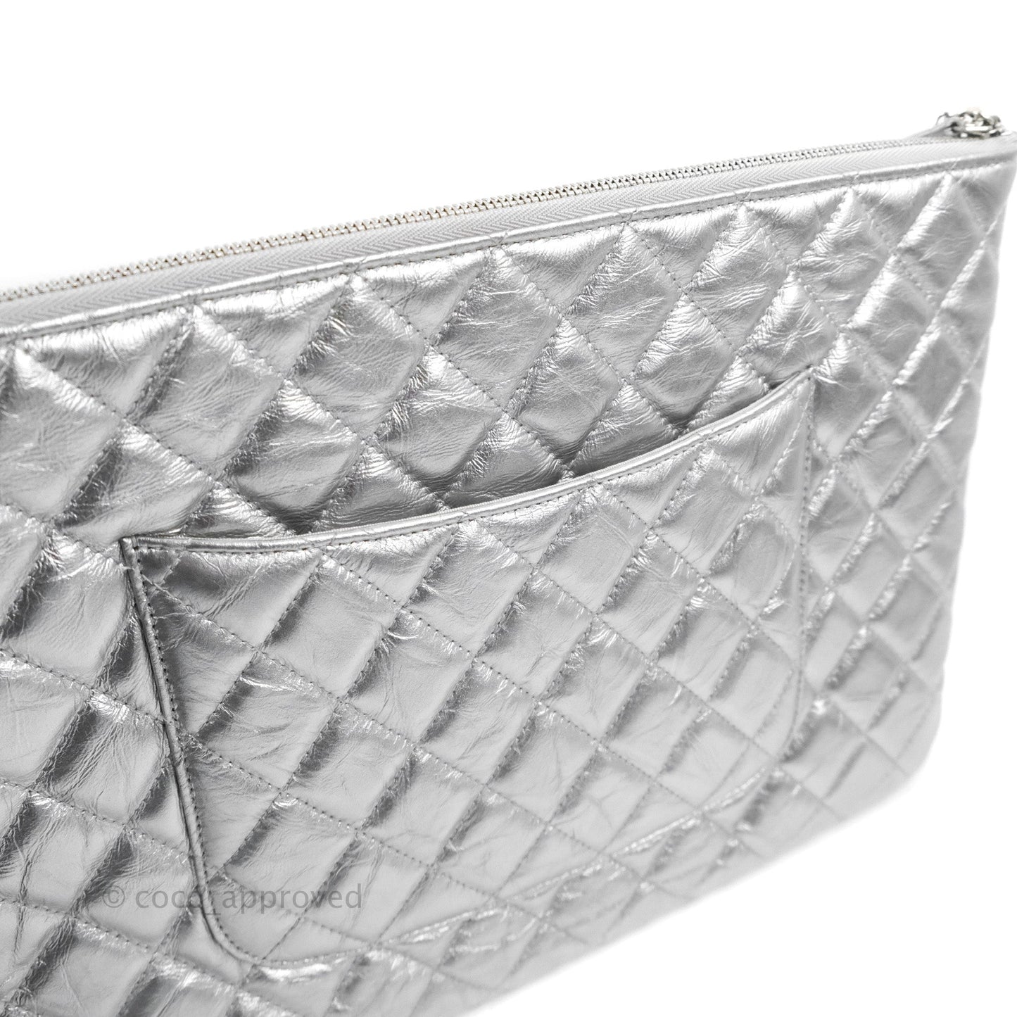 Chanel Quilted Large O Case Metallic Silver With Charms