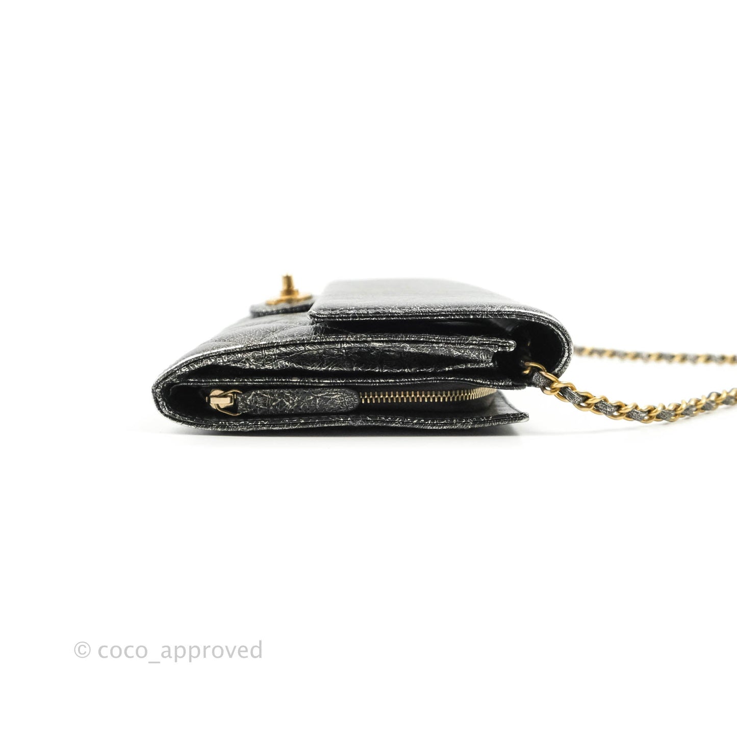 Chanel Cracked Metallic Calfskin Quilted Zip Away Chain Clutch Dark Silver Aged Gold Hardware