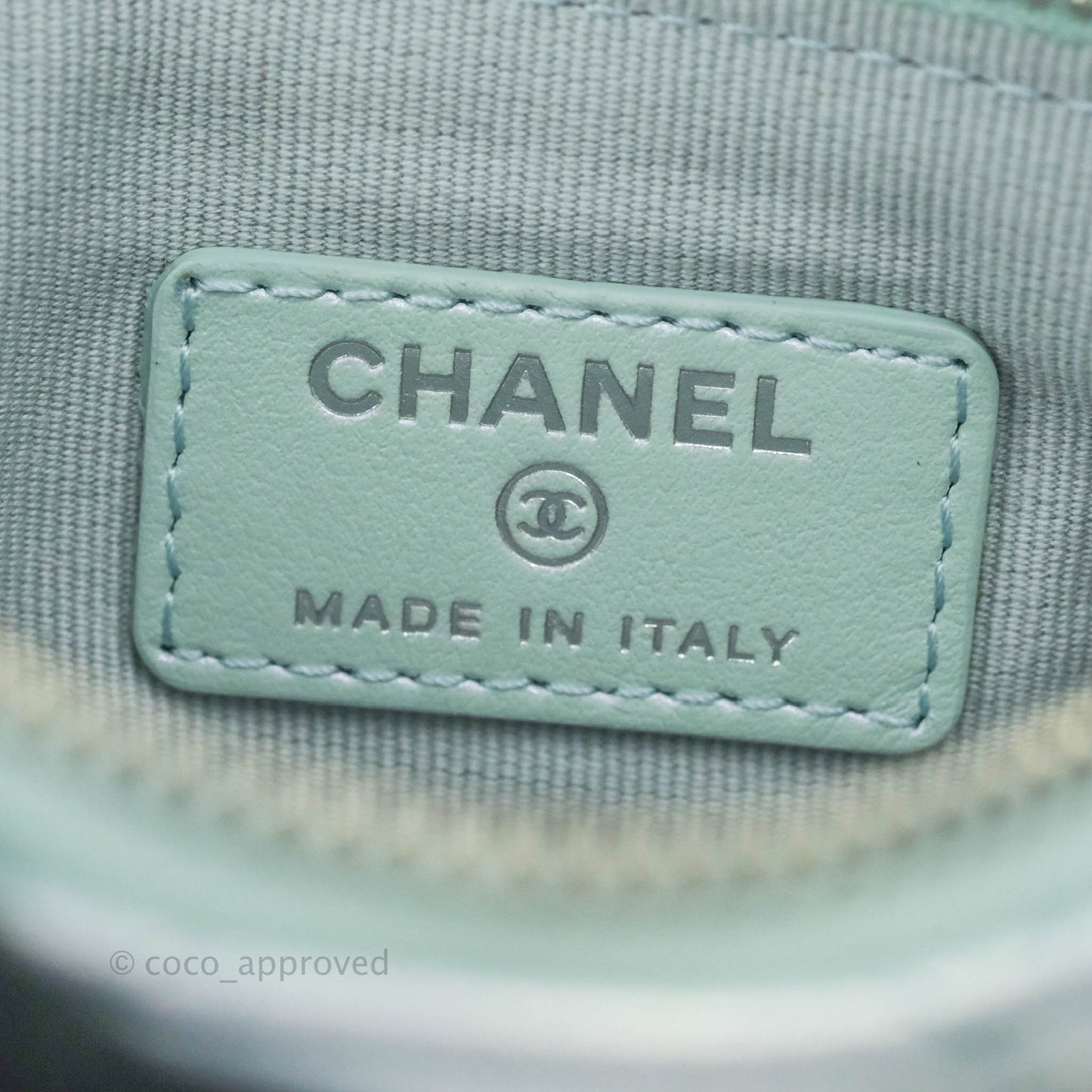 Chanel Mini Quilted O Case Iridescent Light Blue Calfskin Silver Hardware