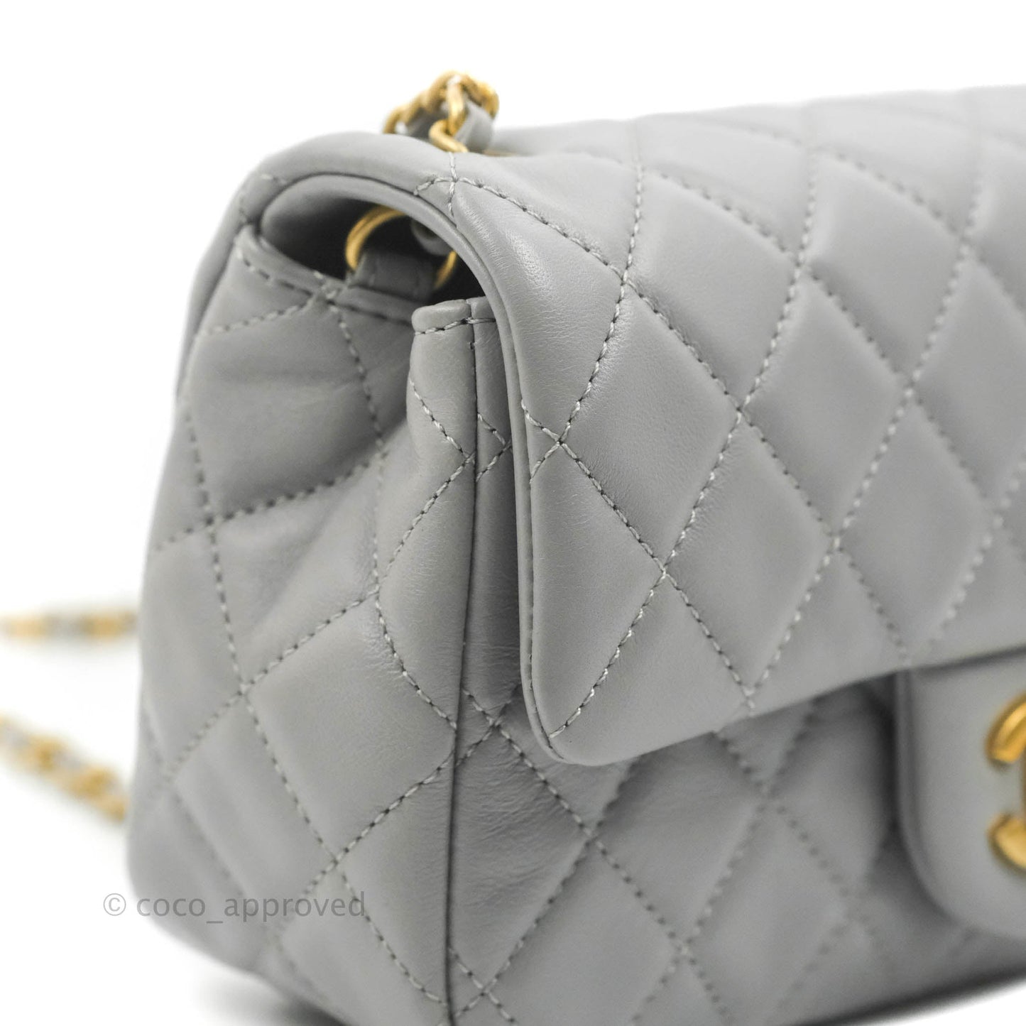 Chanel Mini Rectangular Pearl Crush Quilted Grey Lambskin Aged Gold Hardware