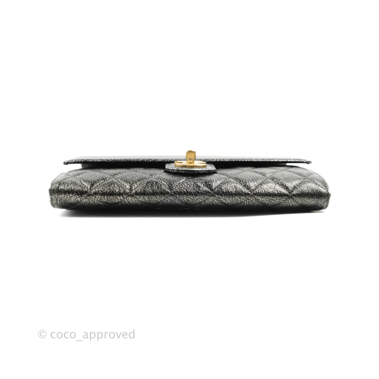 Chanel Cracked Metallic Calfskin Quilted Zip Away Chain Clutch Dark Silver Aged Gold Hardware