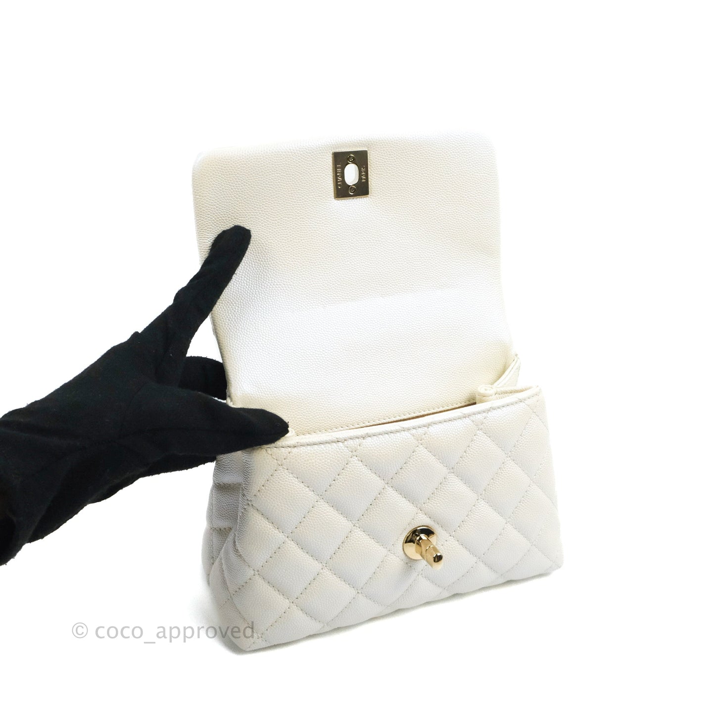 Chanel Mini Coco Handle Quilted Iridescent Pearl White Caviar Gold Hardware