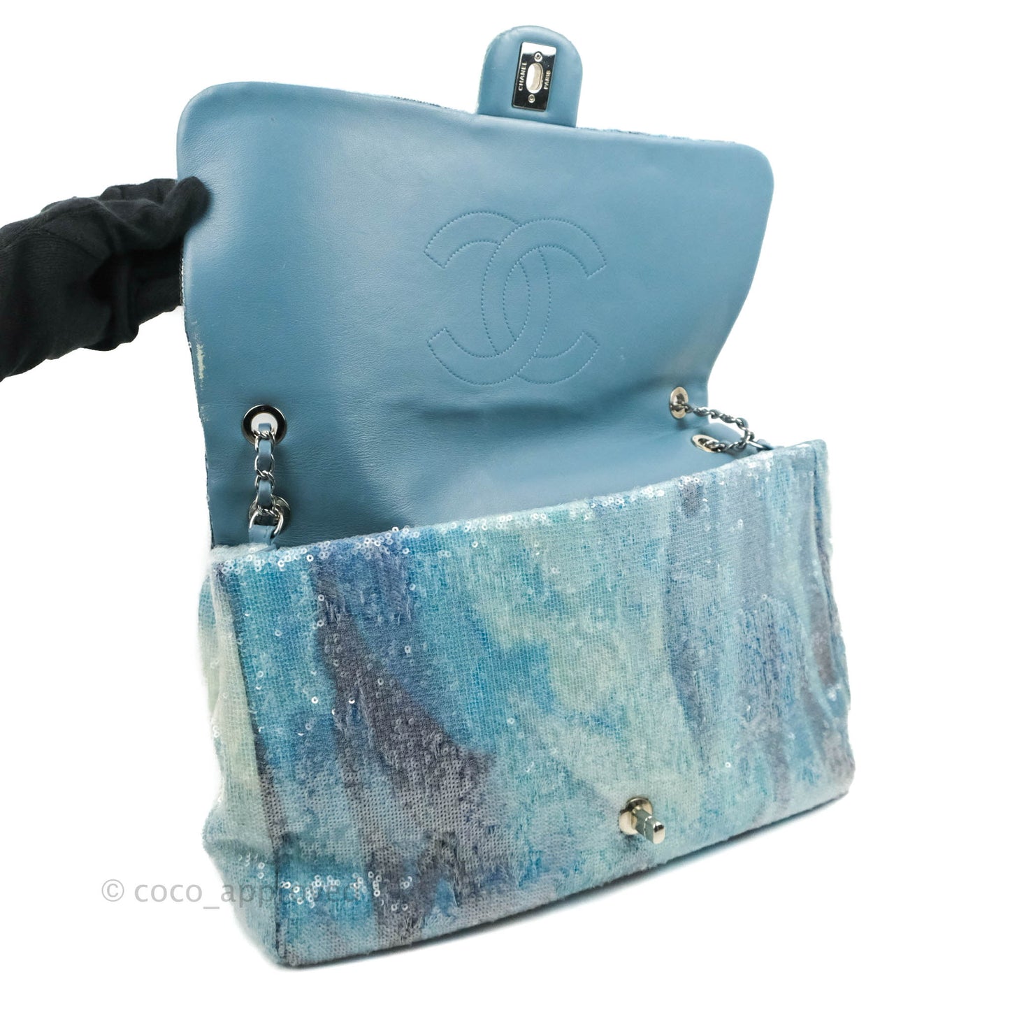 Chanel Large Sequin Waterfall Flap Bag Blue Silver Hardware