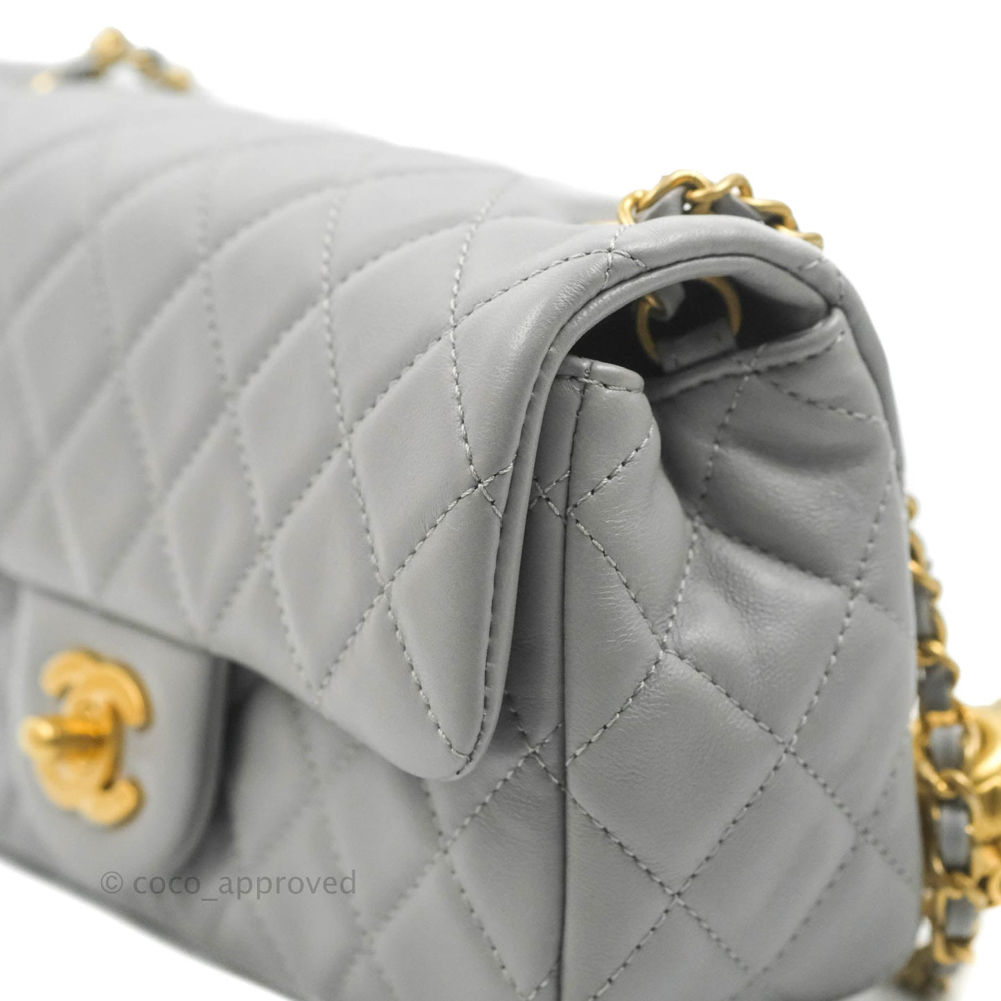 Chanel Mini Rectangular Pearl Crush Quilted Grey Lambskin Aged Gold Hardware
