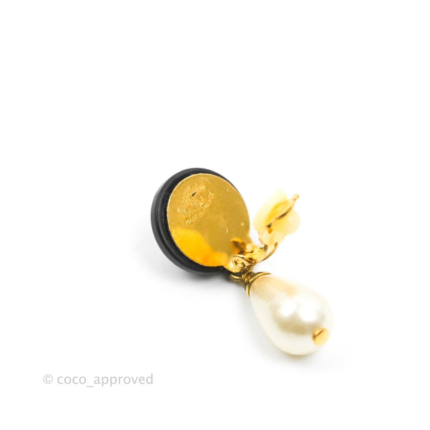 Chanel Vintage CC Pearl Drop Ear Clip Gold Tone 96A