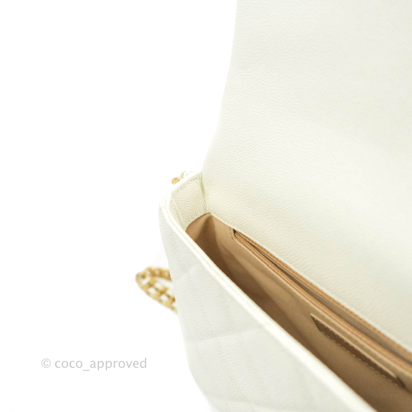 Chanel Small Quilted Melody Flap White Caviar Aged Gold Hardware 22P