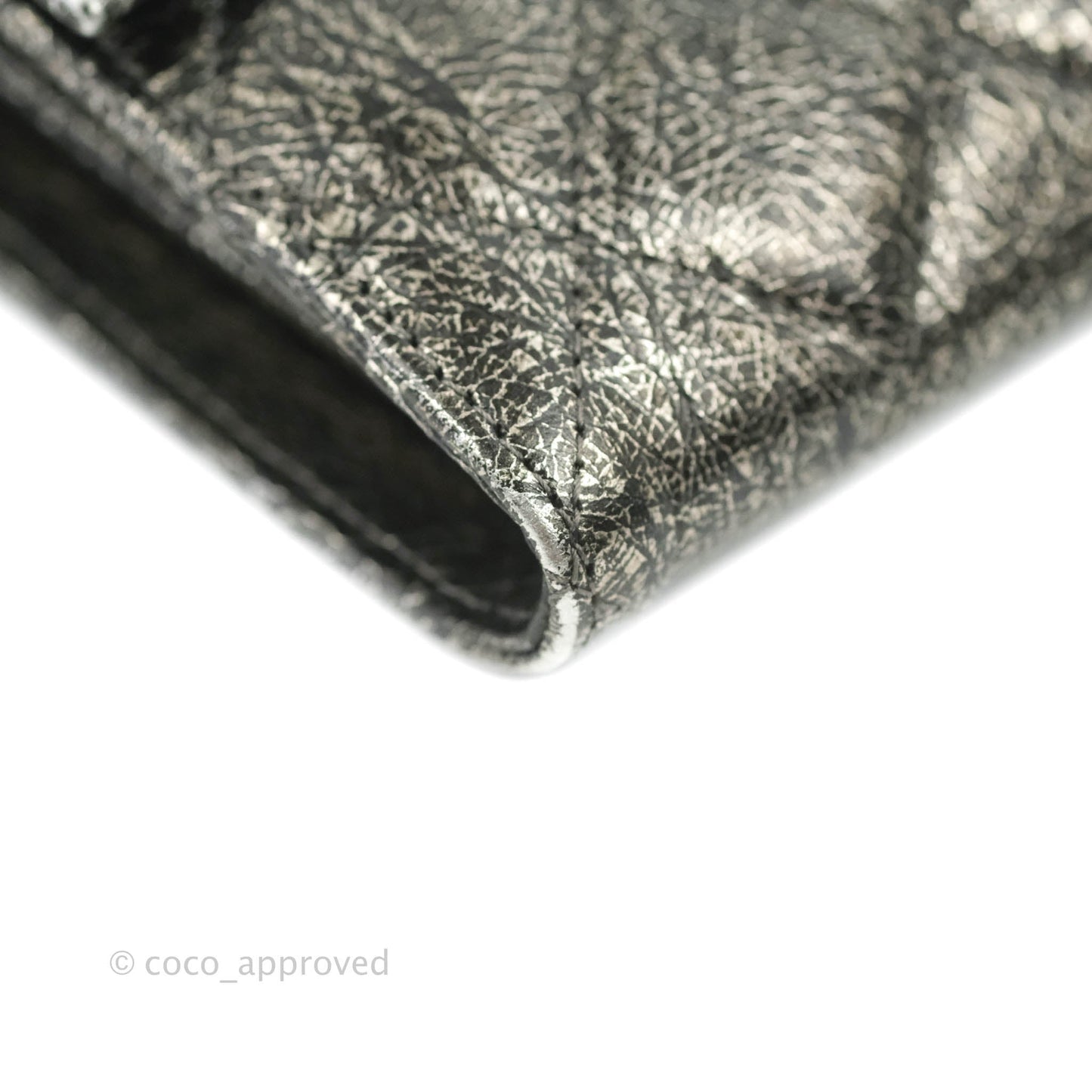 Chanel Cracked Metallic Calfskin Quilted Zip Away Chain Clutch Dark Silver Aged Gold Hardware