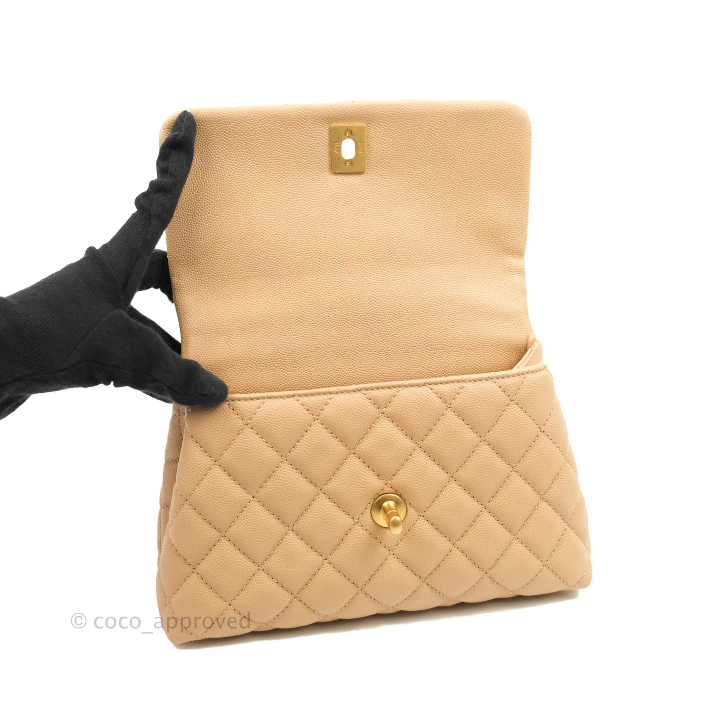 Chanel Small Coco Handle Quilted Beige Caviar Gold Hardware Lizard Handle