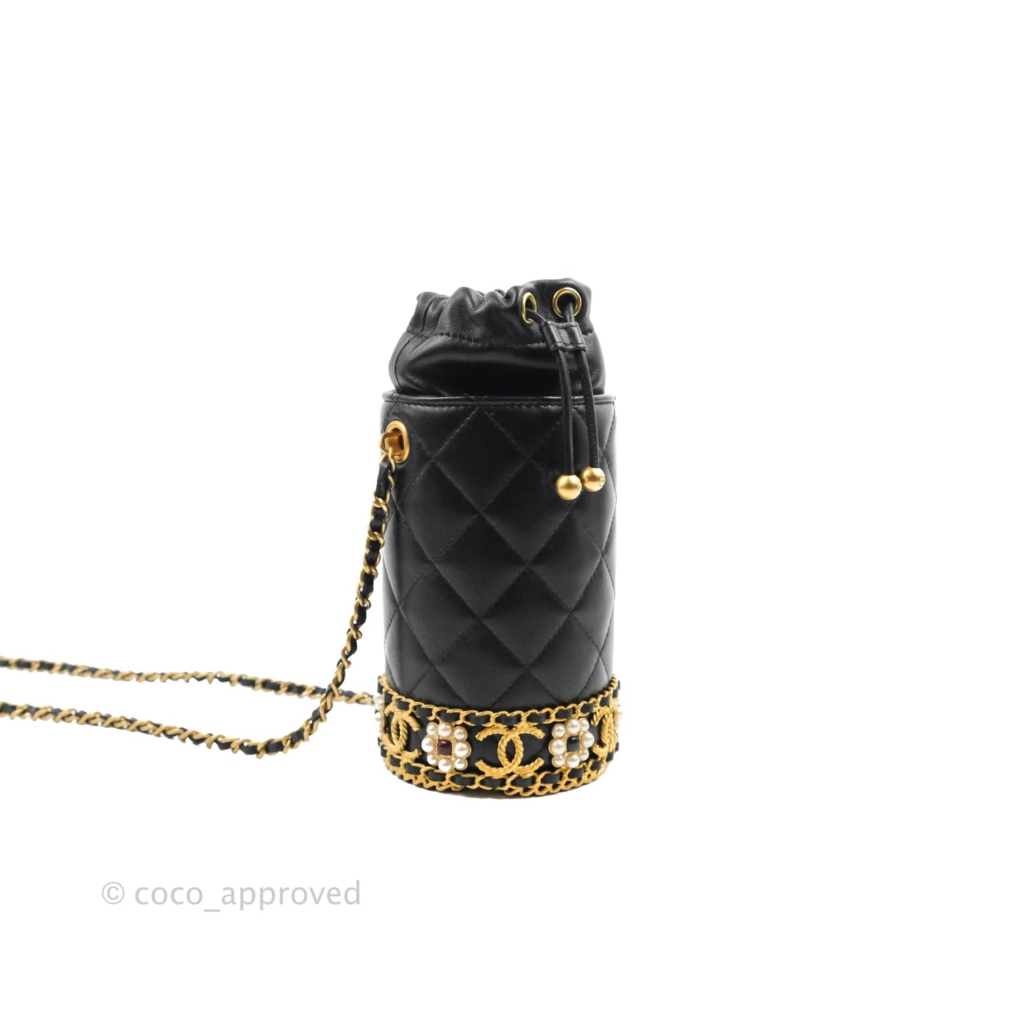 Chanel Quilted Drawstring Pearl Flower Bucket Bag Black Lambskin Aged Gold Hardware